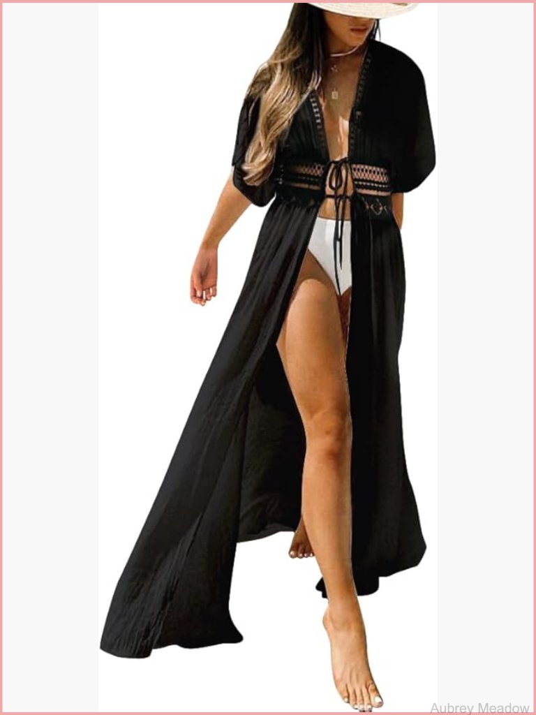 Long Lace Sheer Bikini Coverup Kimono Tie Front Swimsuit Beachwear